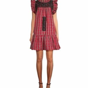 J Marie Women’s Rayna Red Plaid Ruffle Neck Dress Embroidered Size S